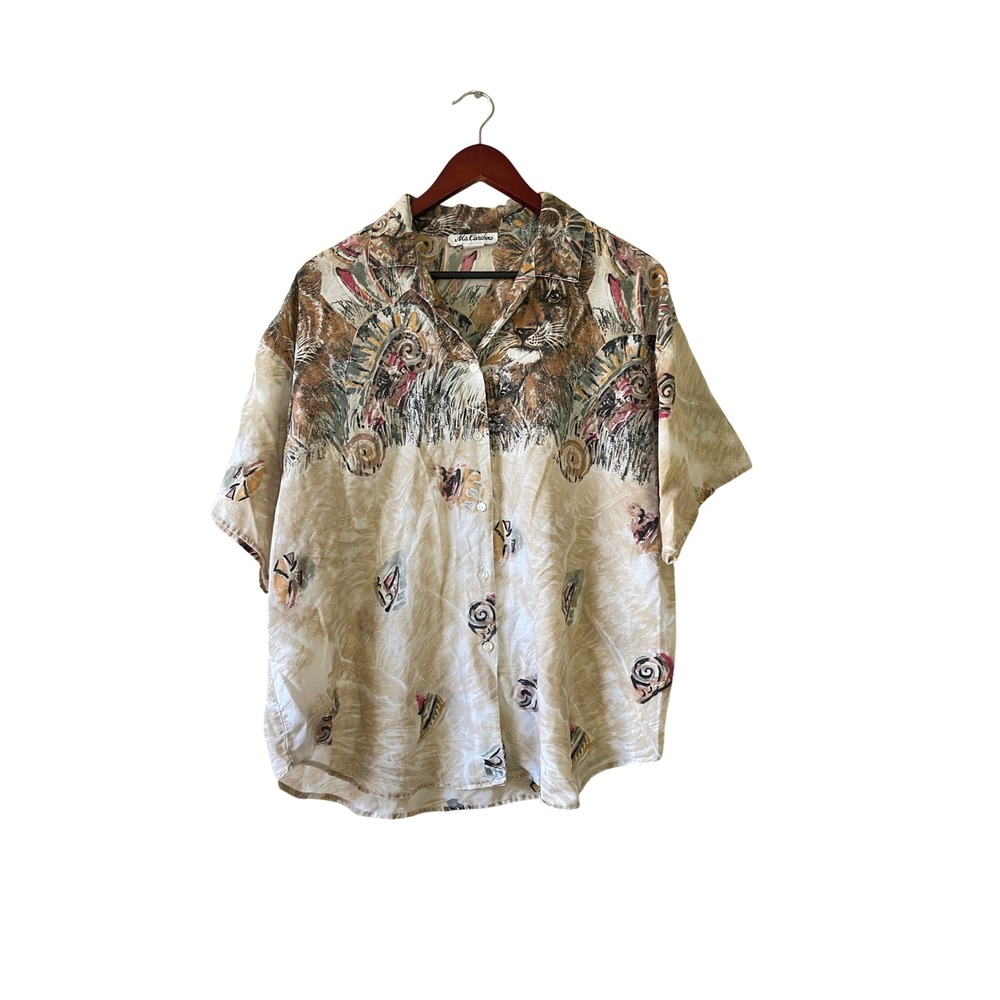 Vintage Lion Safari Print Button Up Shirt Tan Brown Short Sleeve XL